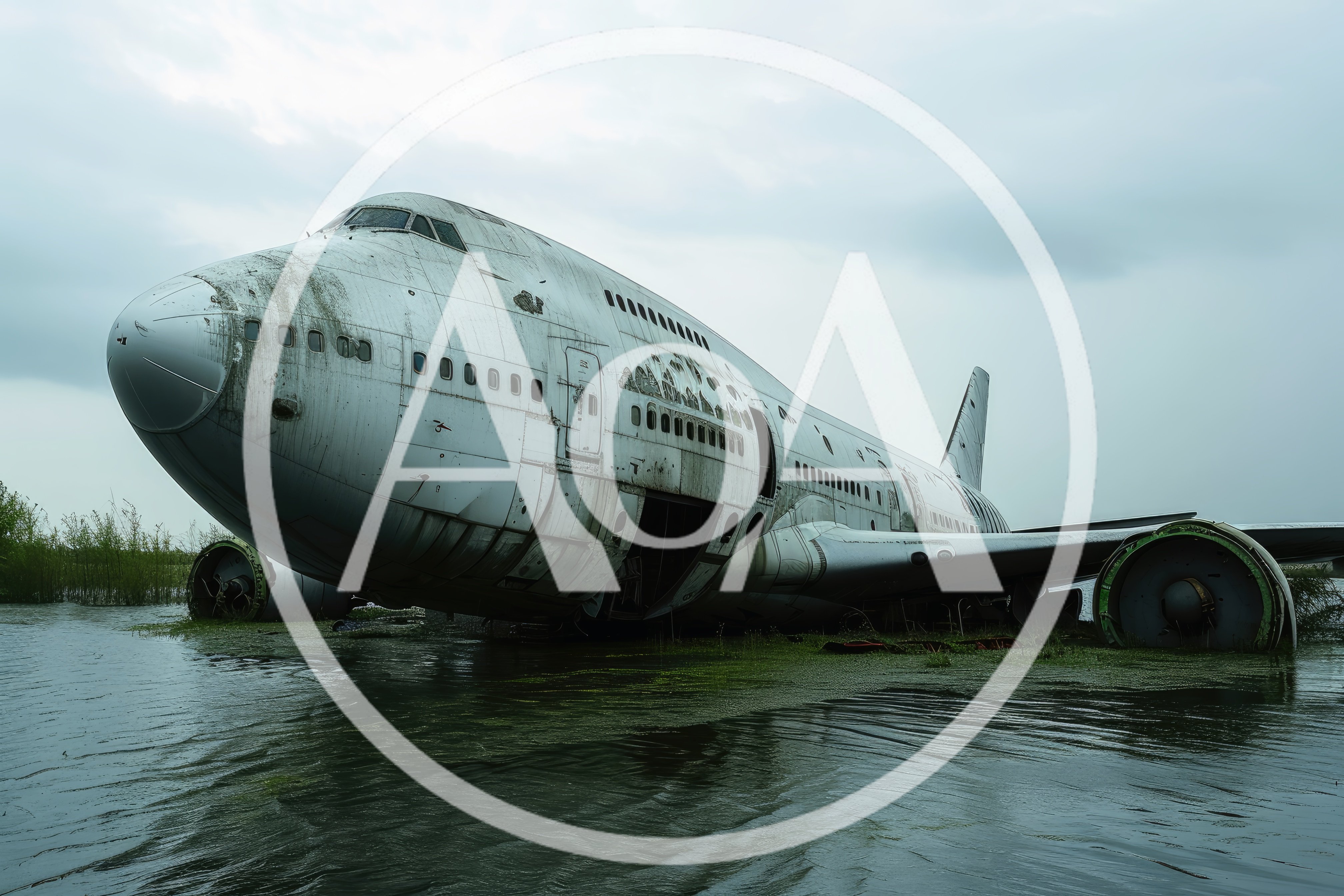Abandoned Boeing 747 Wreckage Partially Submerged In Water
