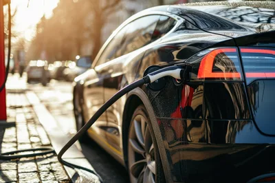 Black Electric Car Charging At A Street Station