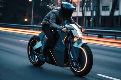 Futuristic Cyberpunk Motorcycle Riding On City Highway At Night