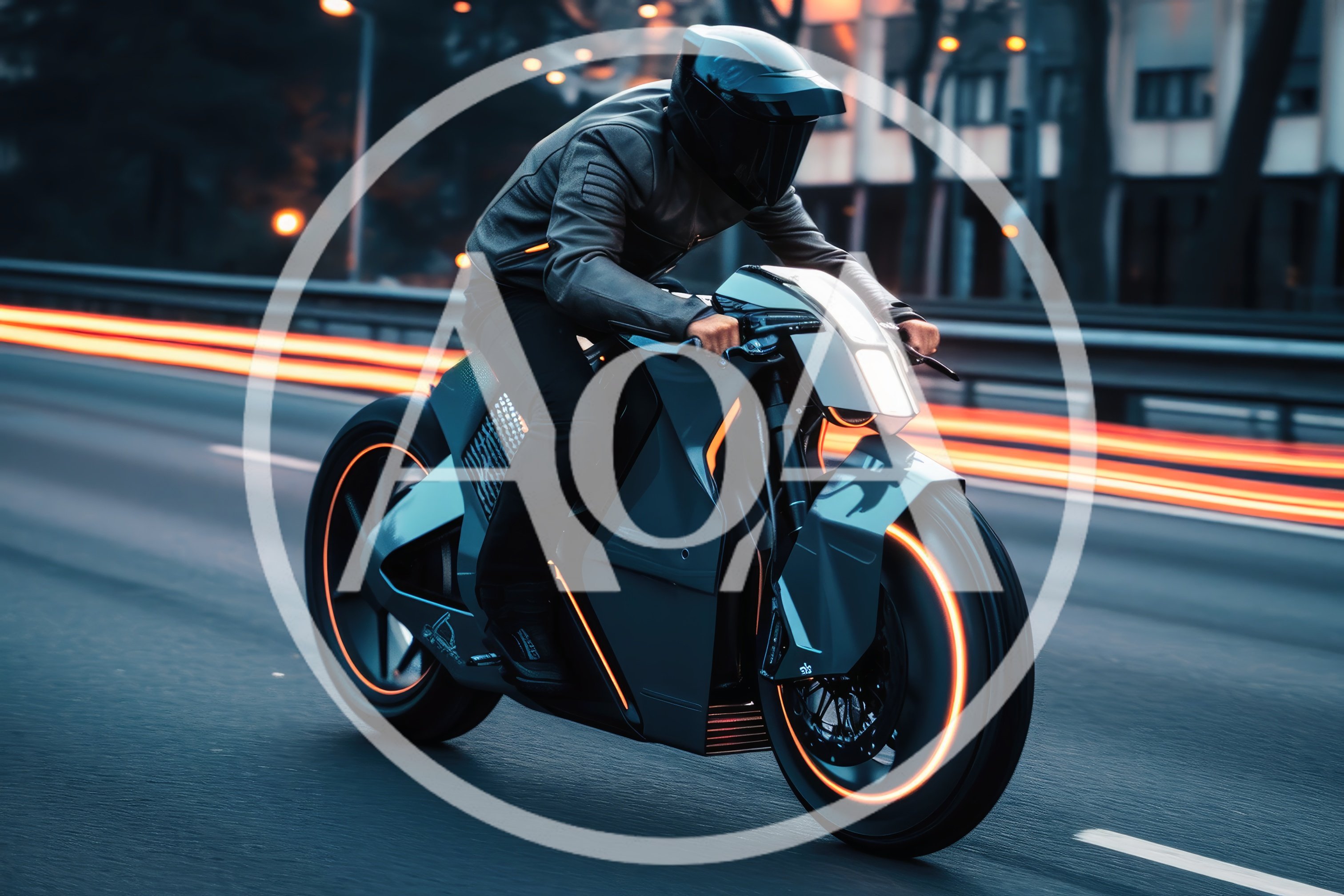 Futuristic Cyberpunk Motorcycle Riding On City Highway At Night