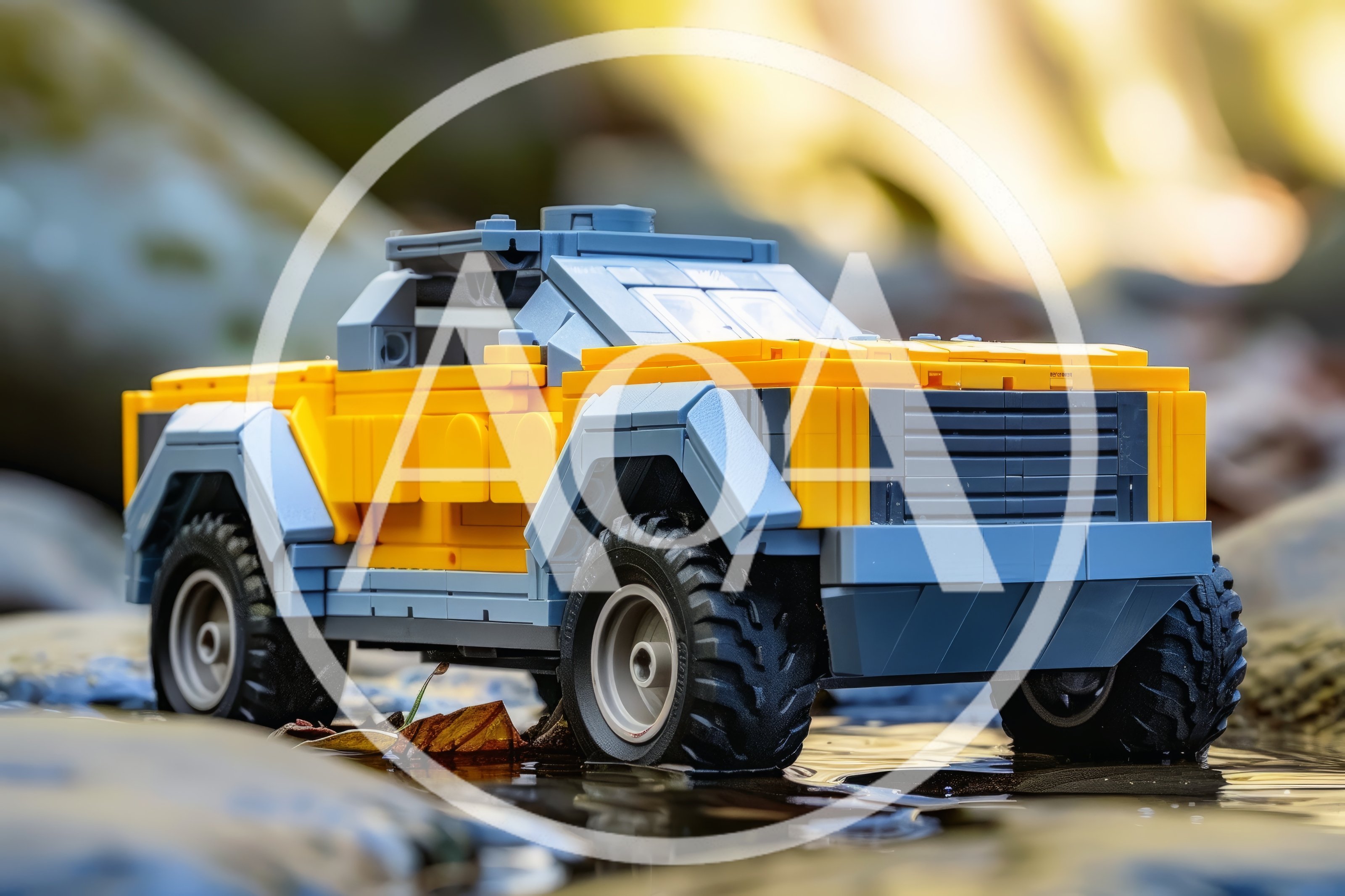 Yellow And Grey Toy Truck In Shallow Stream
