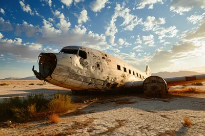Abandoned Wrecked Airplane In A Desert Landscape