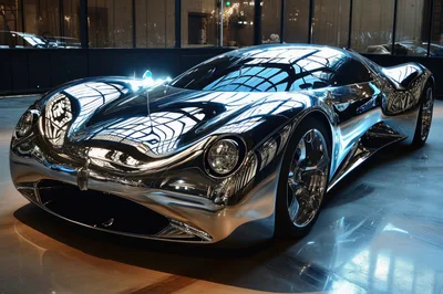 Chrome Concept Supercar Displayed In Modern Showroom