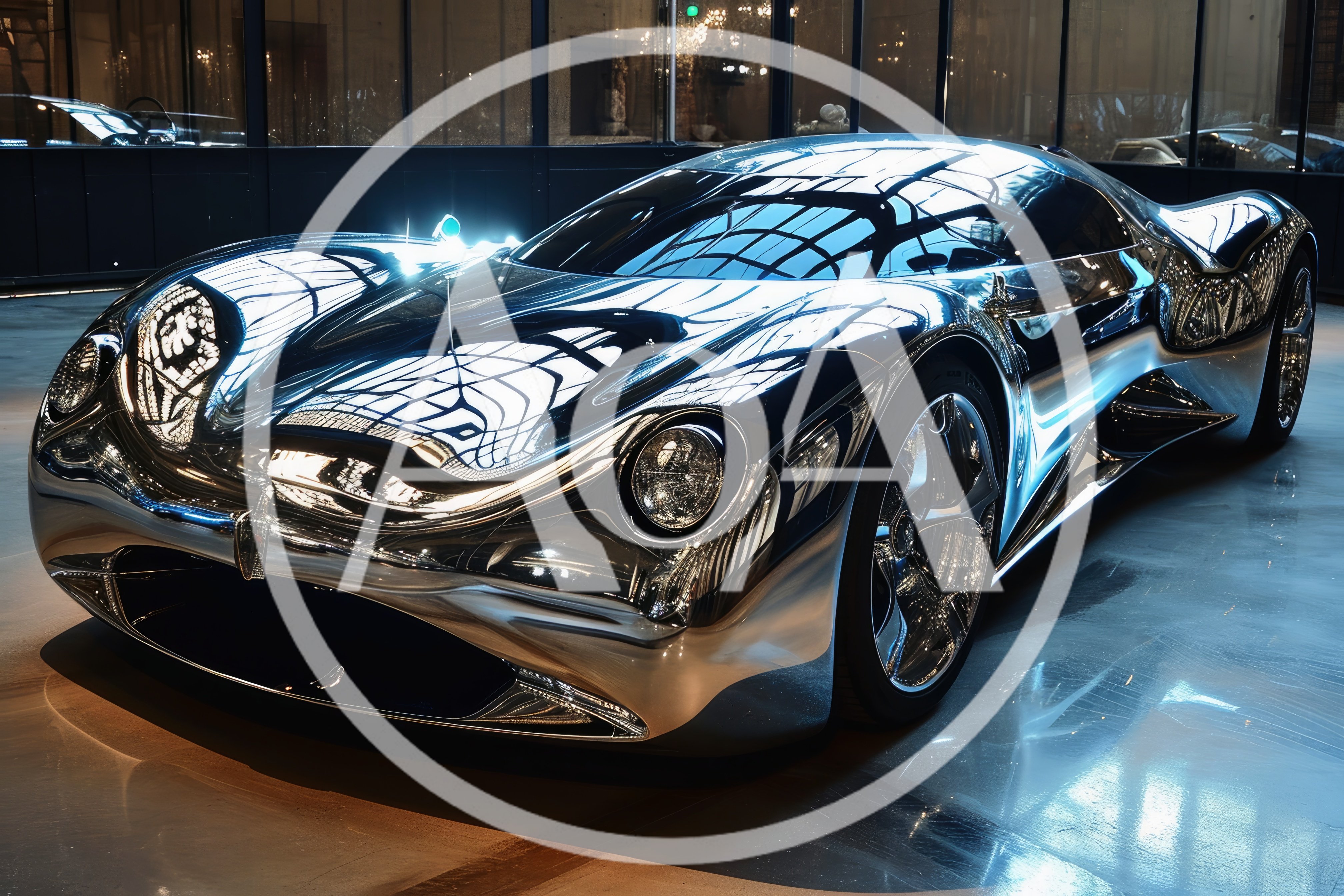 Chrome Concept Supercar Displayed In Modern Showroom