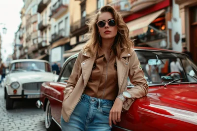 Stylish Woman Leaning Against A Vintage Red Car