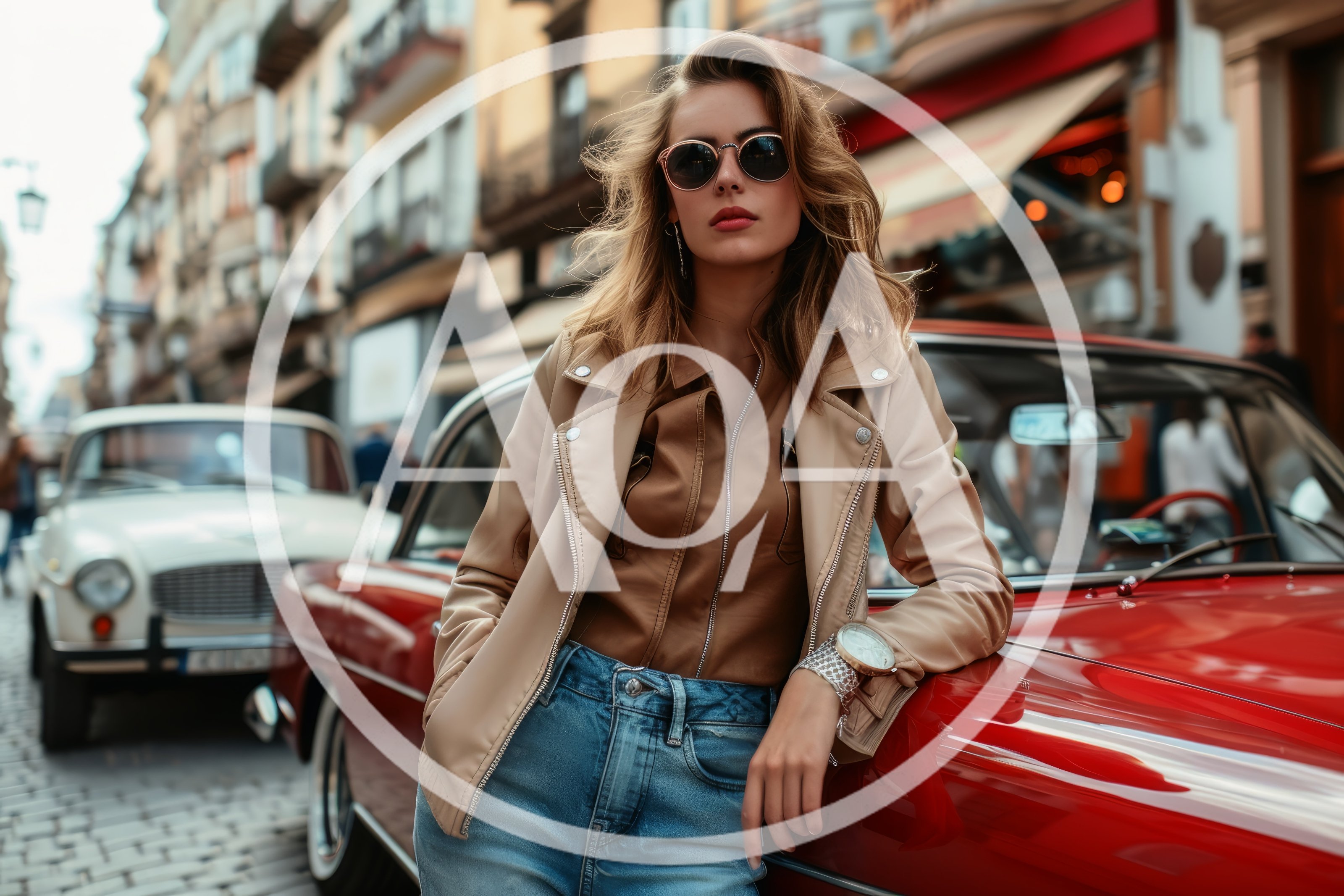 Stylish Woman Leaning Against A Vintage Red Car