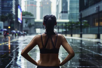 Woman Standing In Rain On City Street