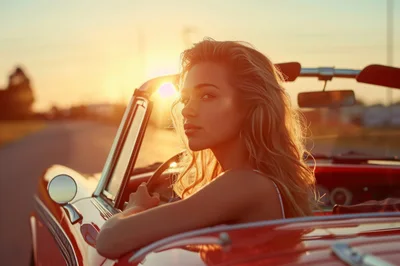 Young Woman Driving A Vintage Red Convertible At Sunset