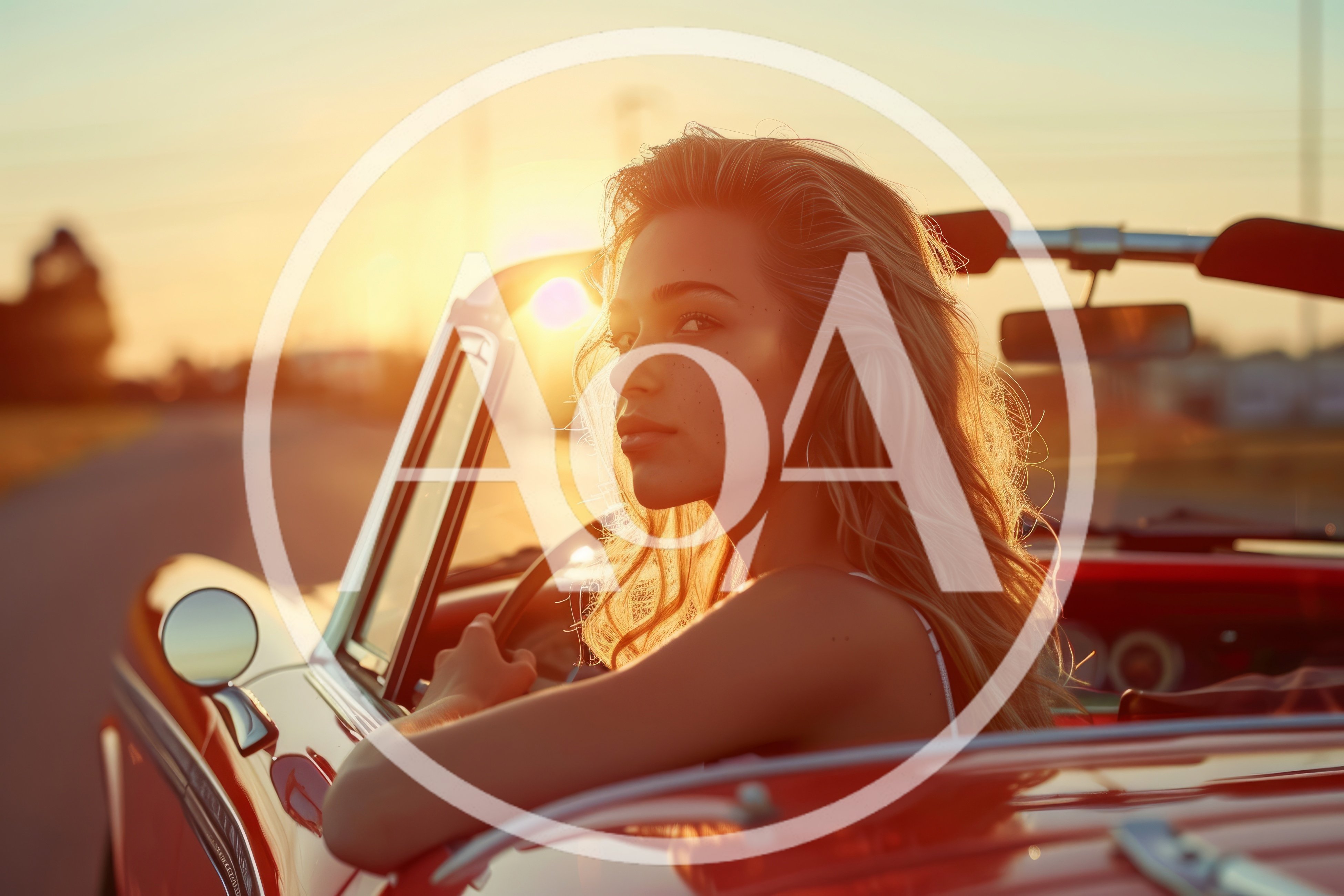 Young Woman Driving A Vintage Red Convertible At Sunset