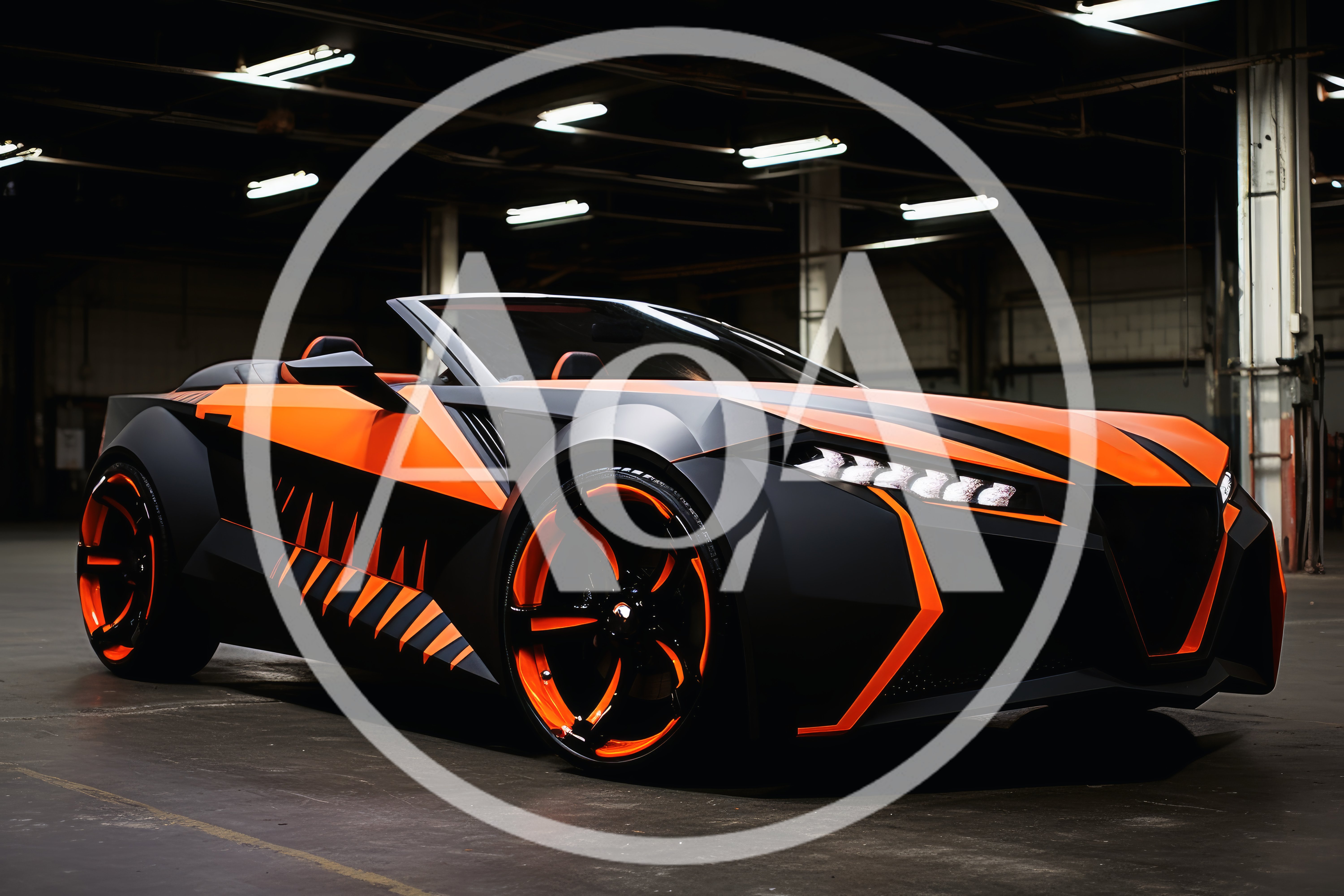 Futuristic Matte Black And Orange Sports Car