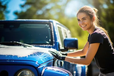 Young Woman Washing A Blue Jeep Outdoors