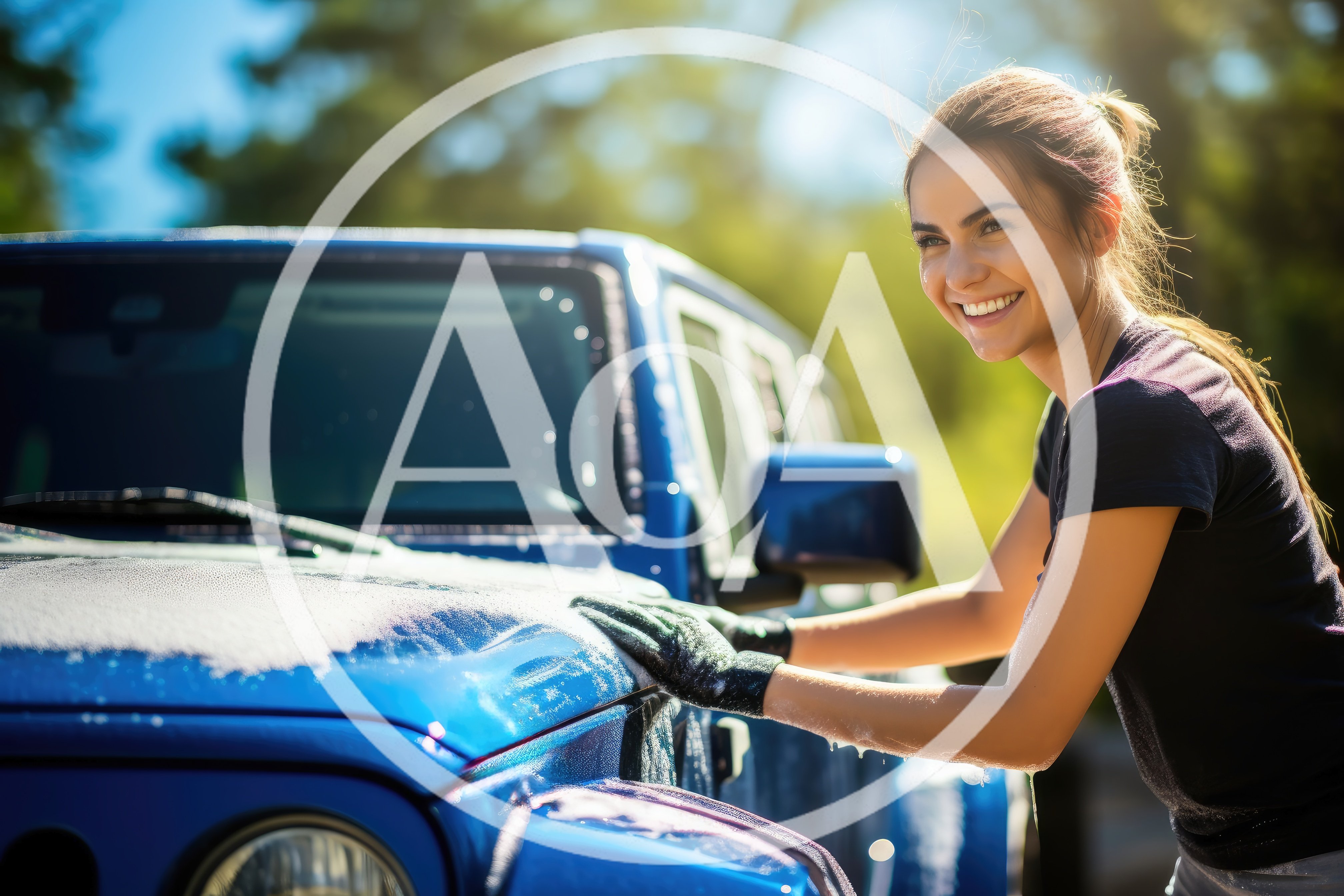 Young Woman Washing A Blue Jeep Outdoors