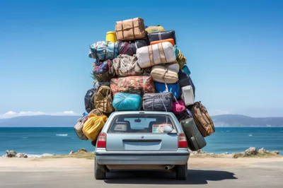 Overloaded Car Packed With Luggage By The Ocean