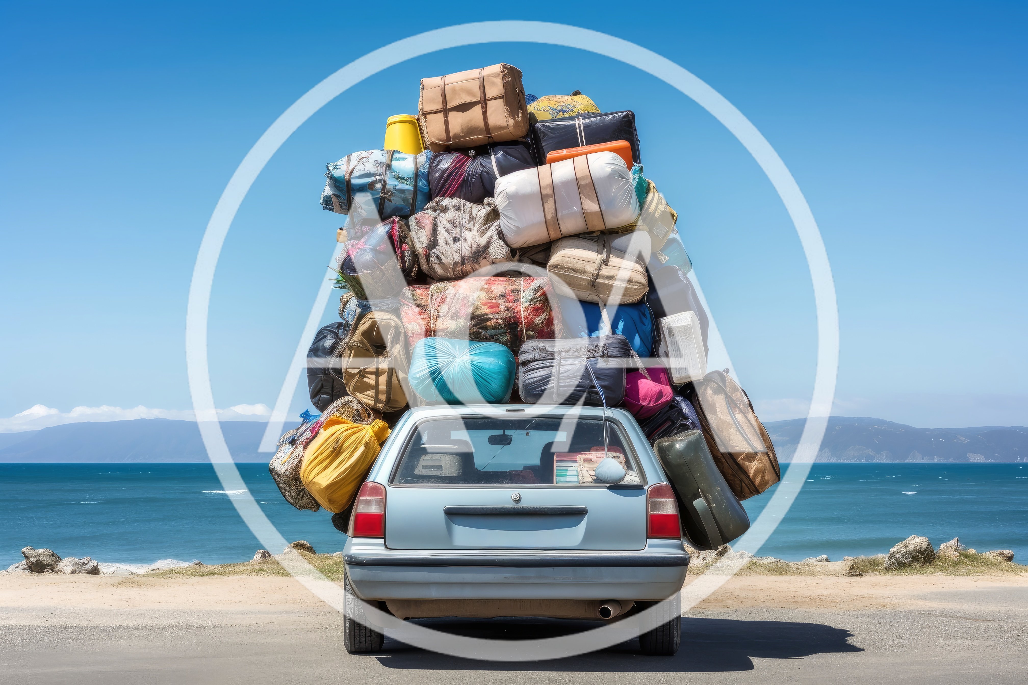 Overloaded Car Packed With Luggage By The Ocean