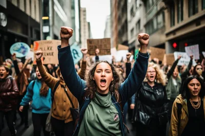 Young Woman Leading A Protest March In City Street