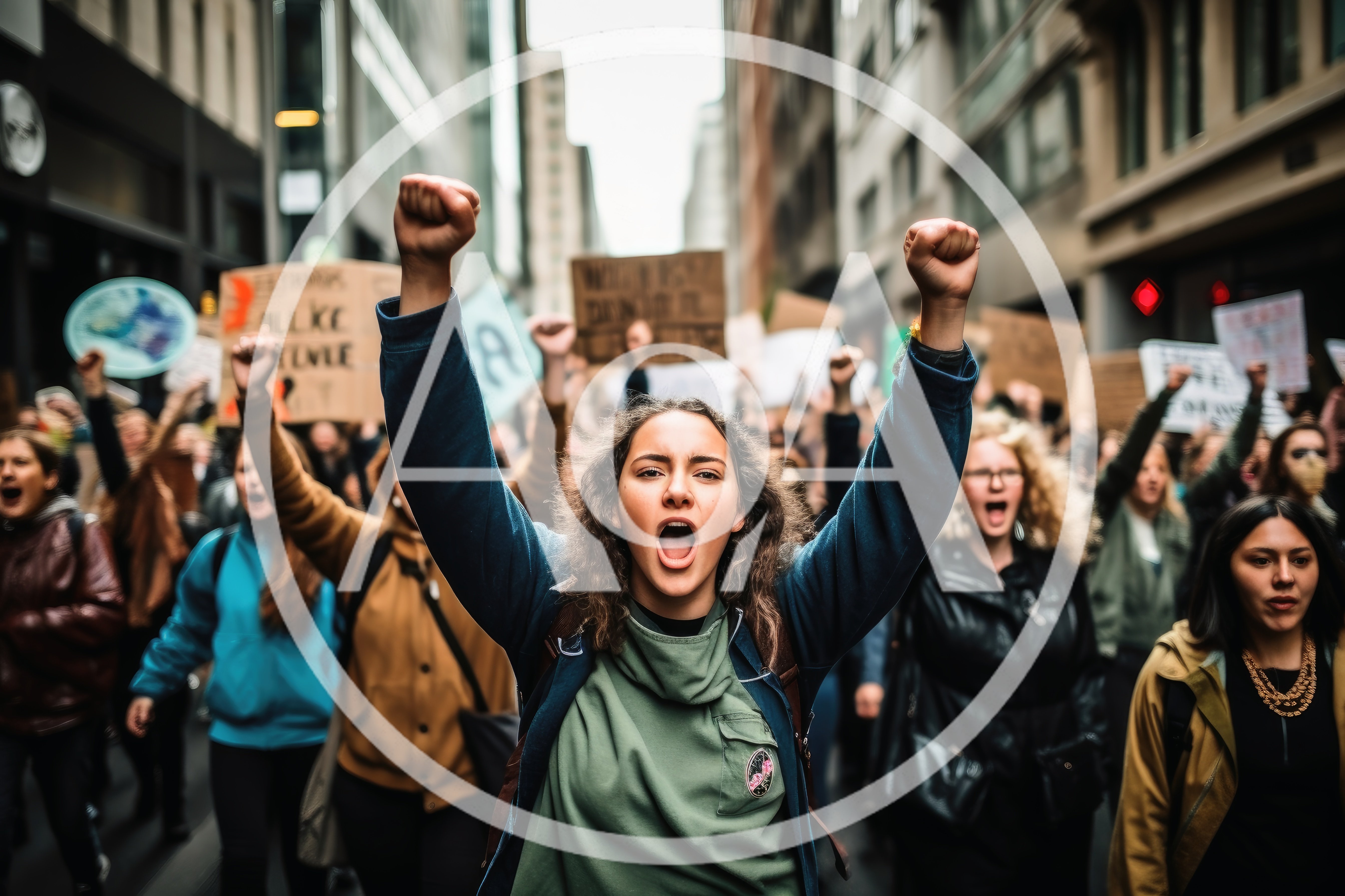 Young Woman Leading A Protest March In City Street