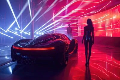 Futuristic Sports Car With Model In Neon Studio