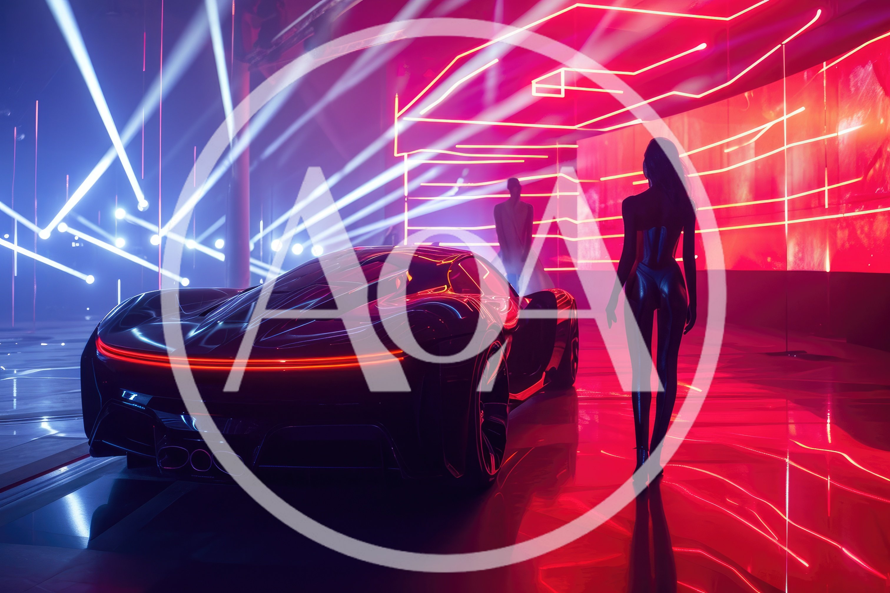 Futuristic Sports Car With Model In Neon Studio