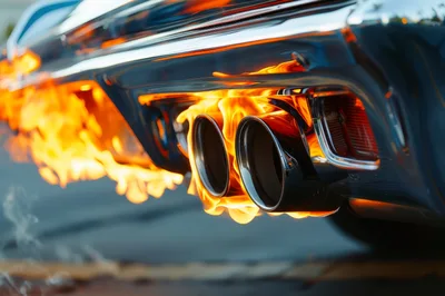 Close Up Of Car Exhaust Pipes Spewing Intense Flames