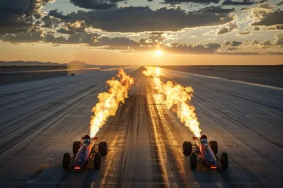 Two Jet Powered Dragsters Racing At Sunset
