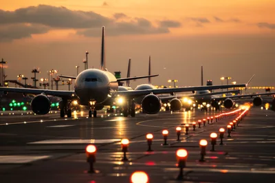 Commercial Airplanes Taxiing on Airport Runway at Sunset