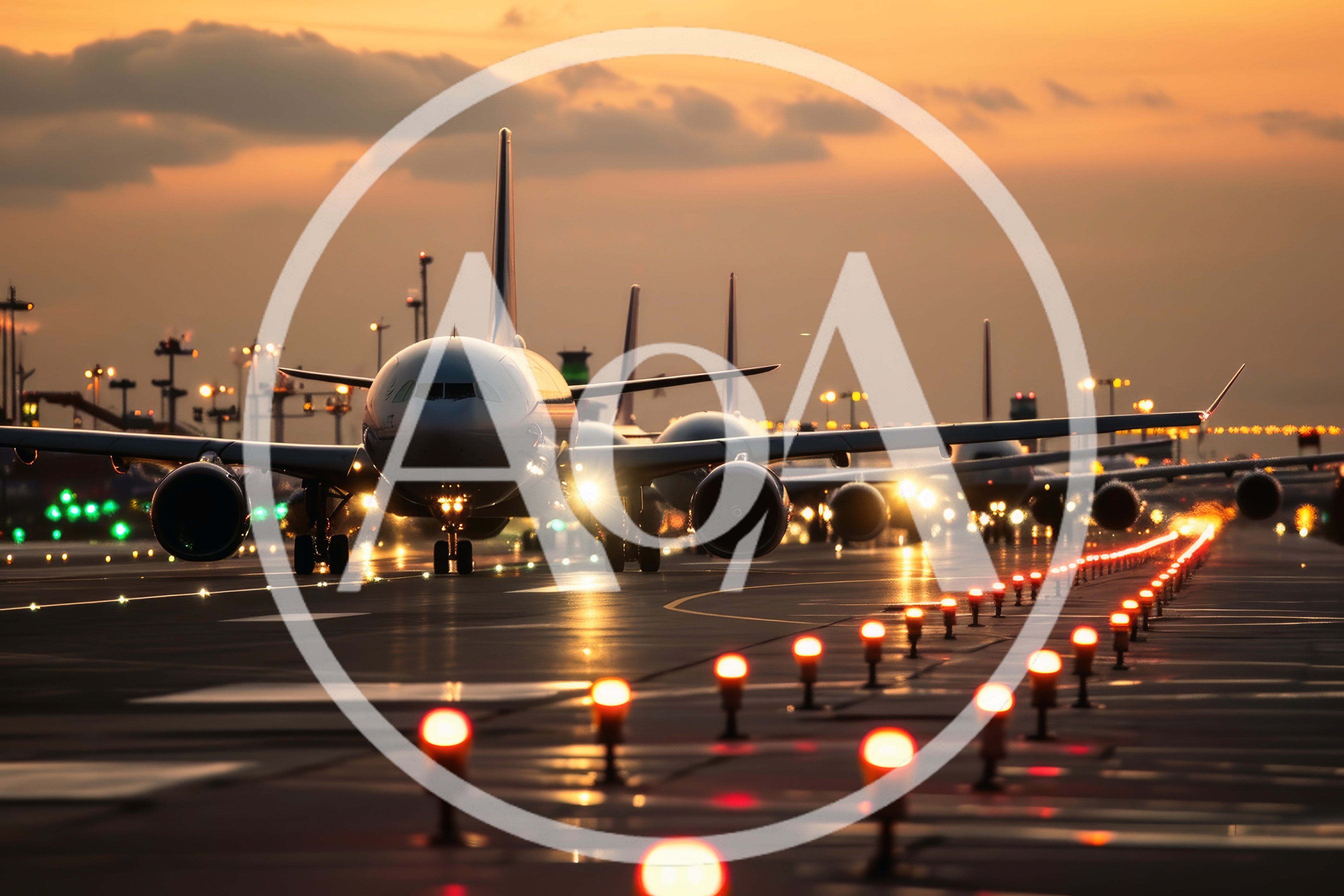Commercial Airplanes Taxiing on Airport Runway at Sunset