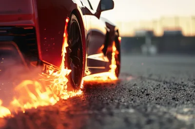 Red Sports Car Drifting With Flaming Tires
