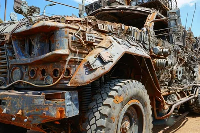 Post-Apocalyptic Rusty Armored Vehicle In Desert