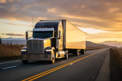 Semi Truck Driving on Highway at Sunset
