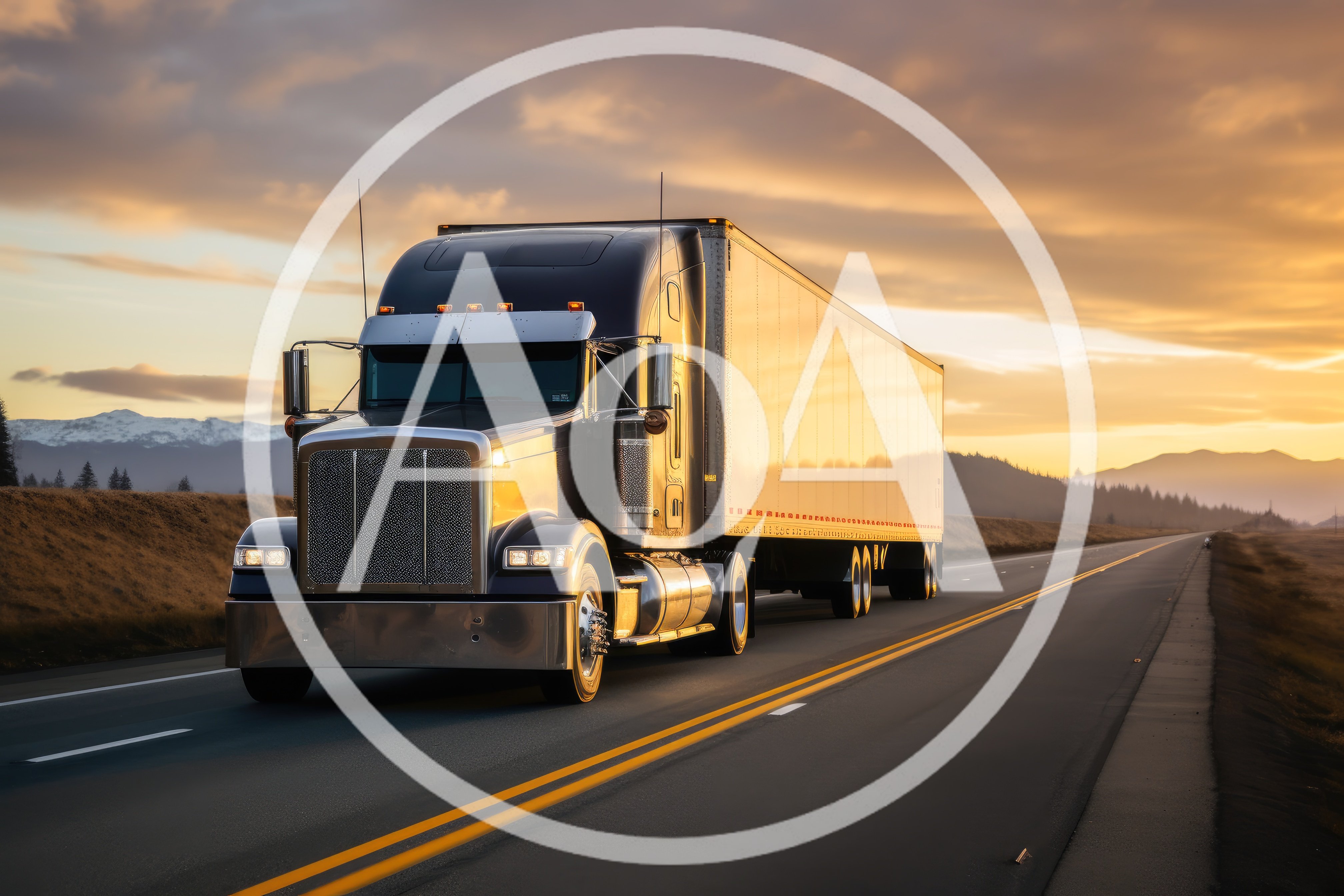 Semi Truck Driving on Highway at Sunset
