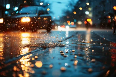 Raindrops Splashing On Wet City Street At Night
