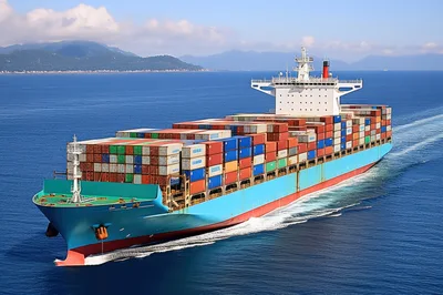 Large Container Ship Sailing Across Open Ocean