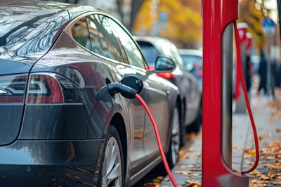 Electric Vehicle Charging At A Public Supercharger Station