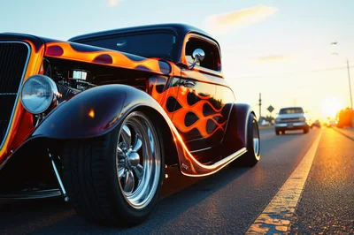Custom Hot Rod Driving On Highway At Sunset