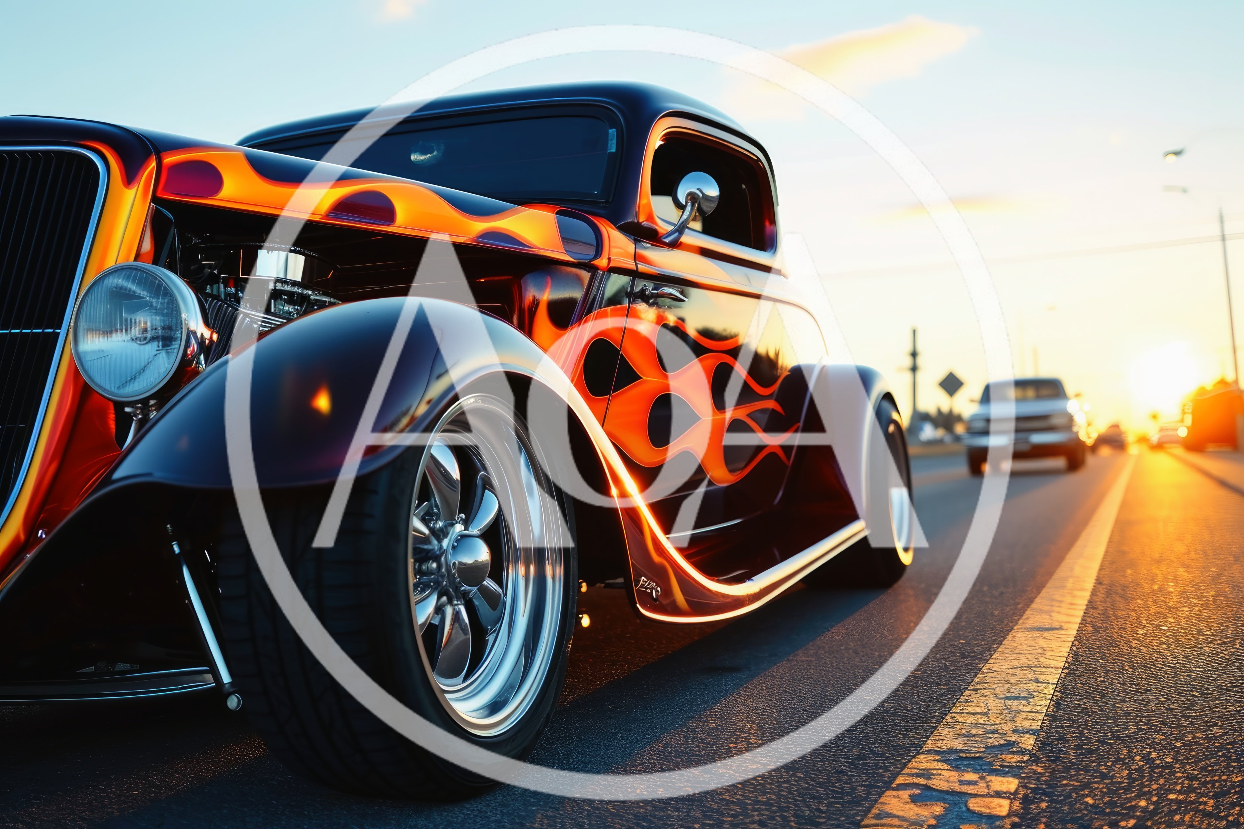 Custom Hot Rod Driving On Highway At Sunset