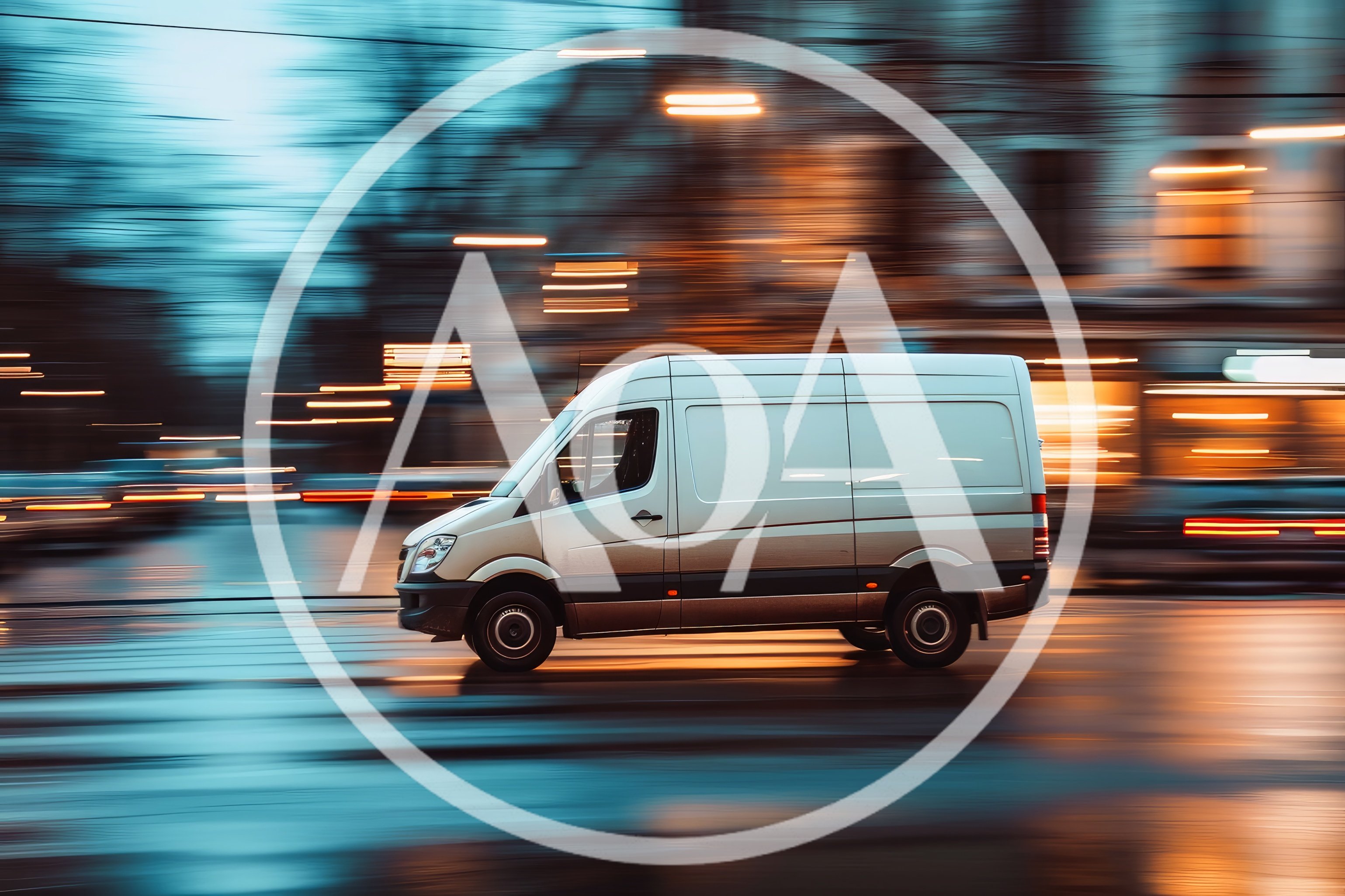 White Delivery Van Driving Through City Street