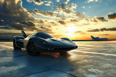 Futuristic Black Supercar Parked On Airport Tarmac