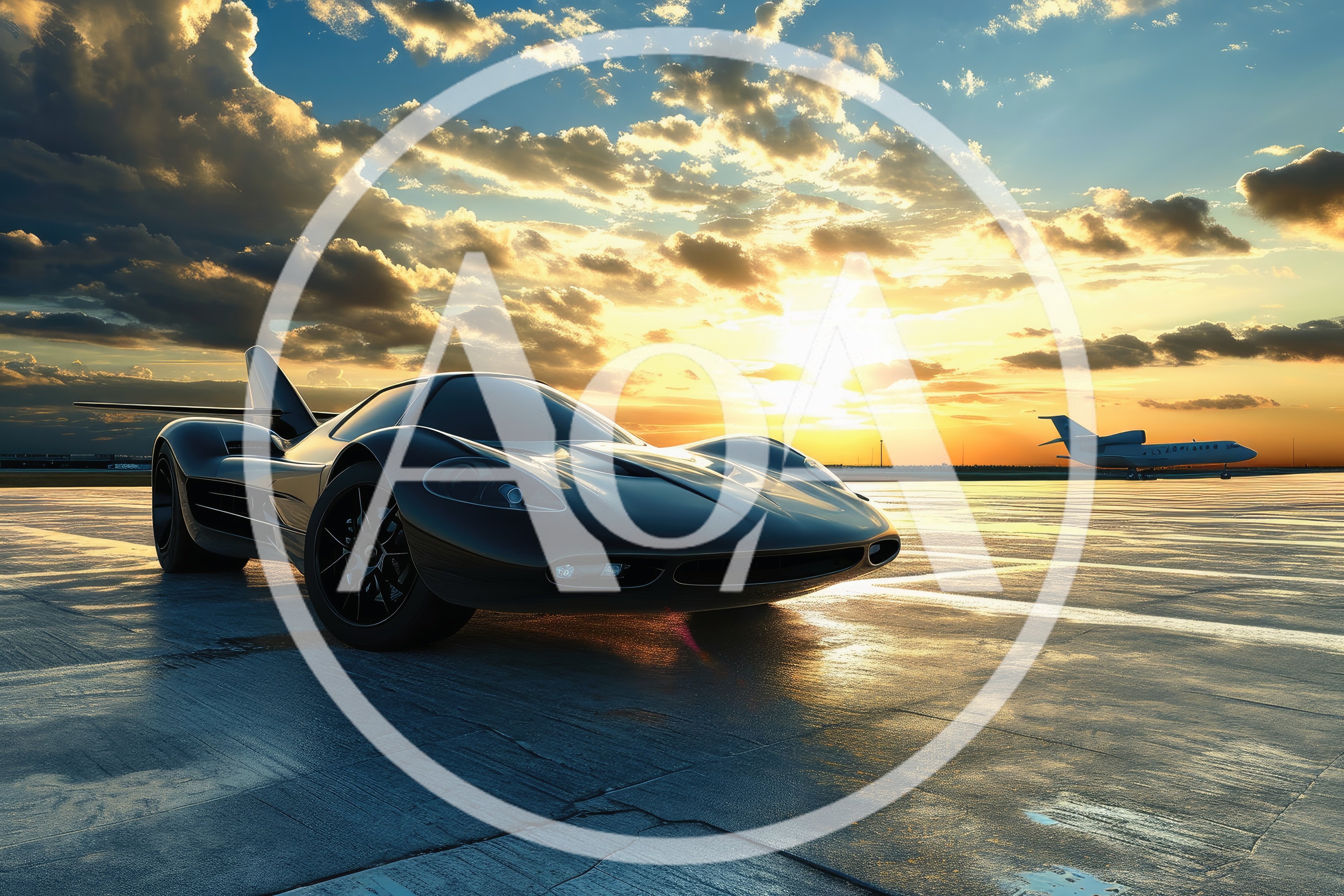 Futuristic Black Supercar Parked On Airport Tarmac