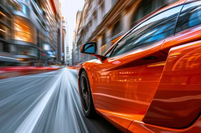 Orange Supercar Driving Fast Through City Streets