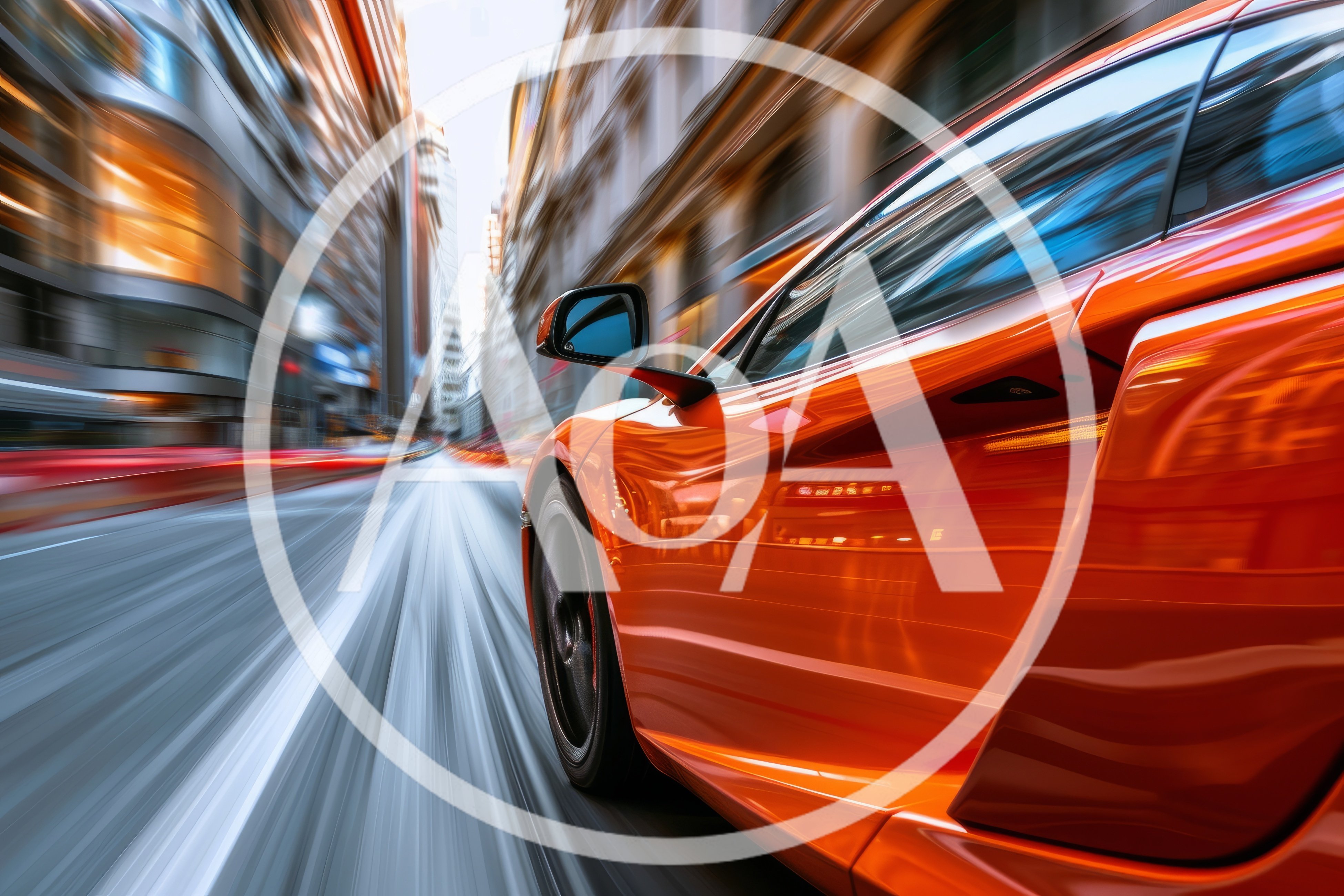 Orange Supercar Driving Fast Through City Streets