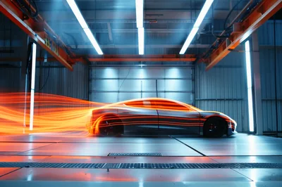 Futuristic Sports Car In Aerodynamic Wind Tunnel Testing