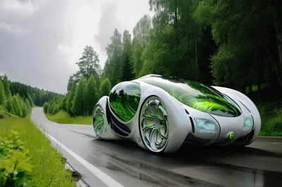 Futuristic Concept Car Driving On A Forest Road