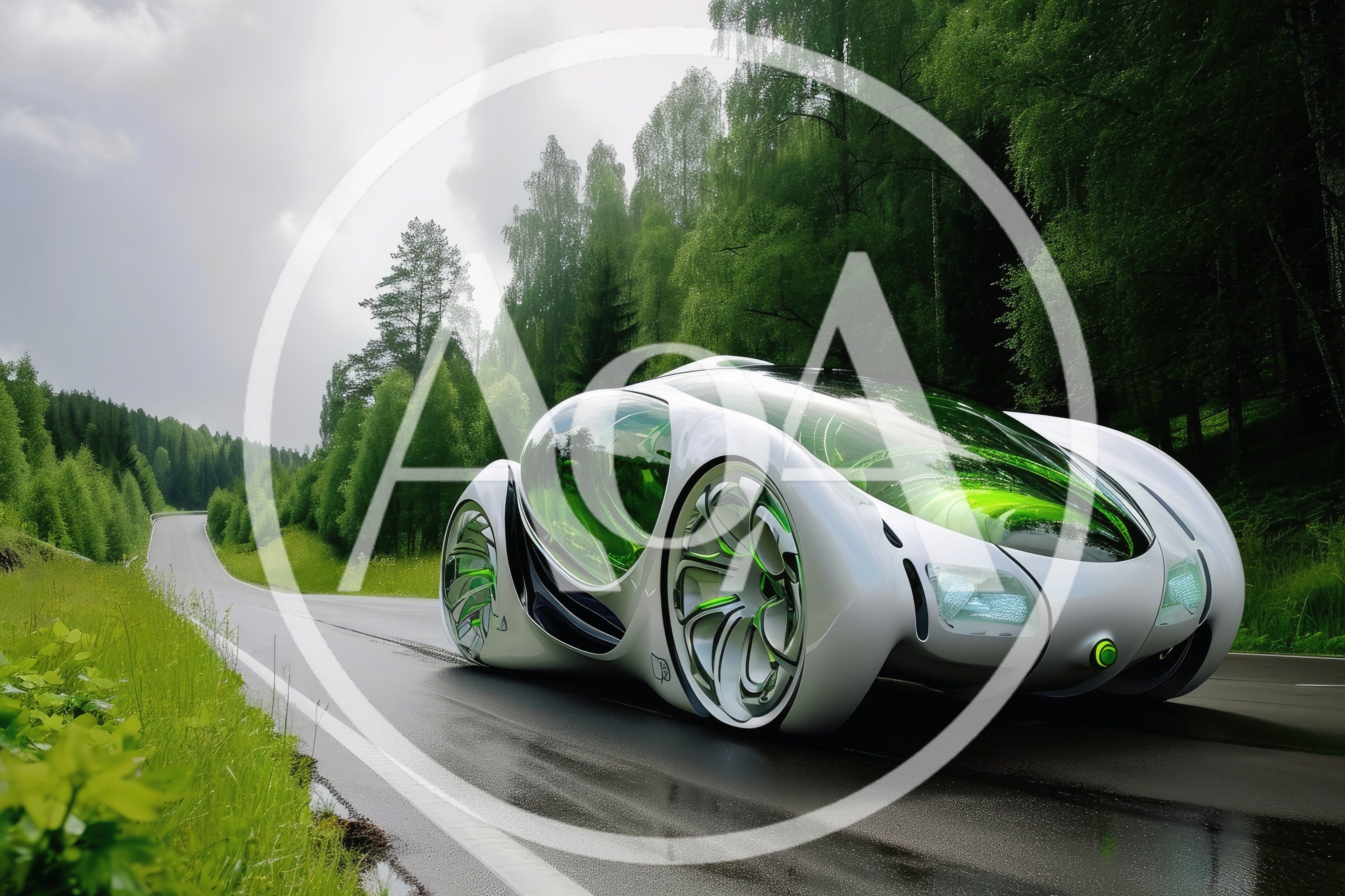Futuristic Concept Car Driving On A Forest Road