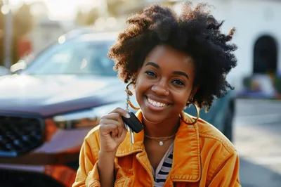 Happy Young Woman Holding New Car Keys