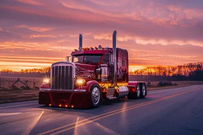 Custom Red Semi Truck Driving on Rural Road