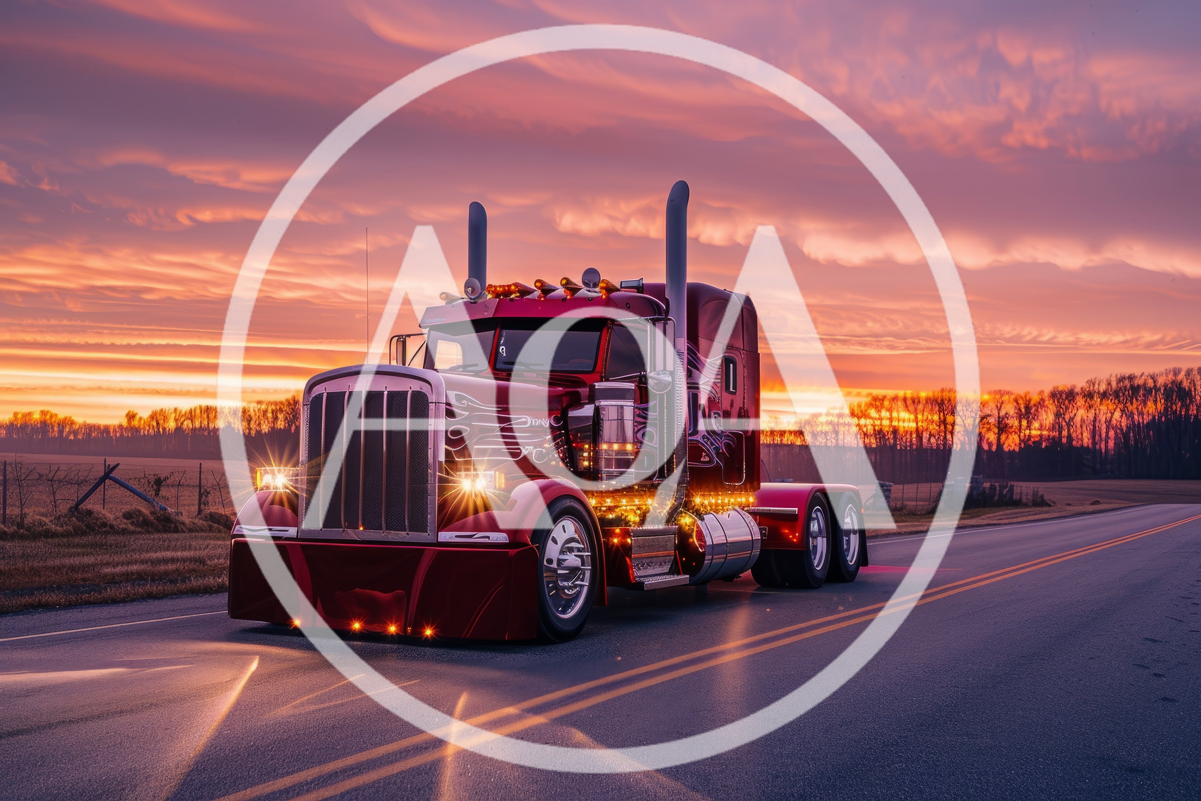 Custom Red Semi Truck Driving on Rural Road