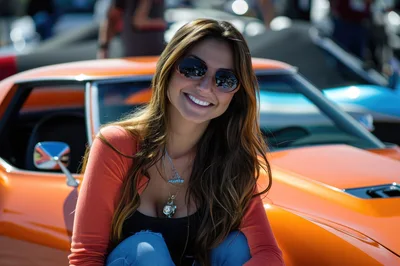 Smiling Woman Posing Next To An Orange Classic Car