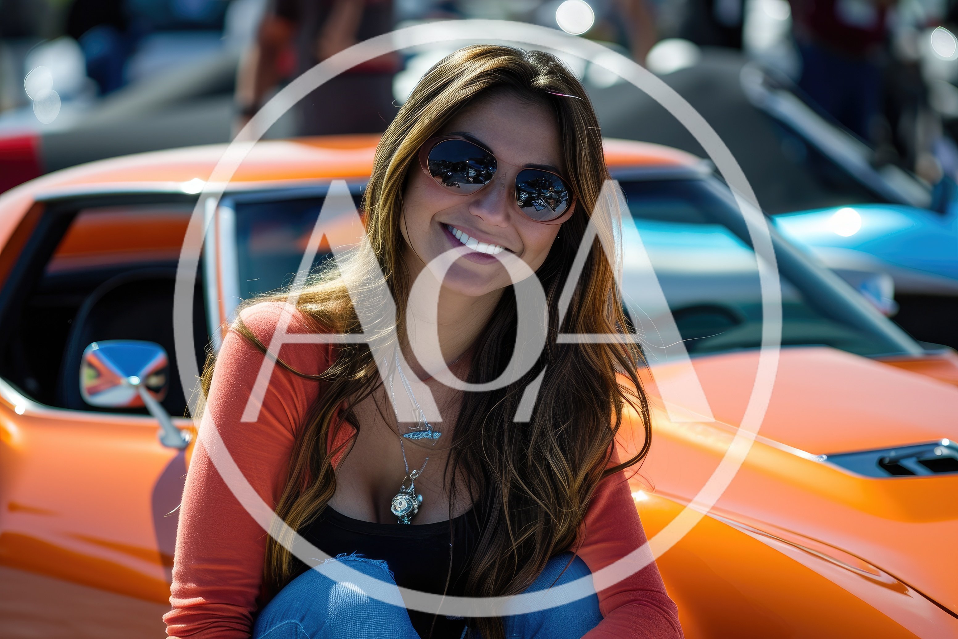 Smiling Woman Posing Next To An Orange Classic Car
