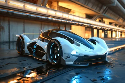 Futuristic White Concept Supercar Parked In Modern Industrial Setting