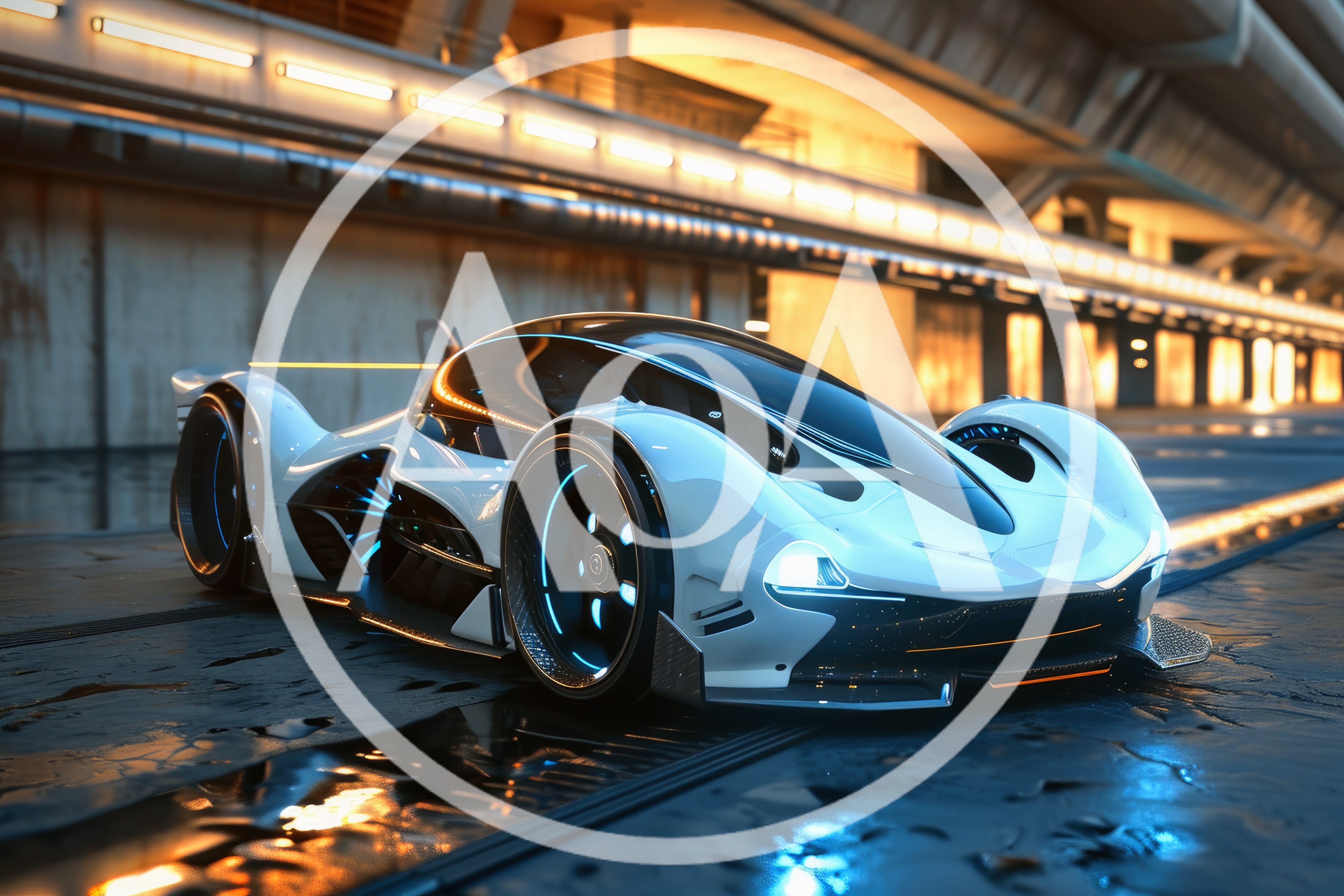 Futuristic White Concept Supercar Parked In Modern Industrial Setting
